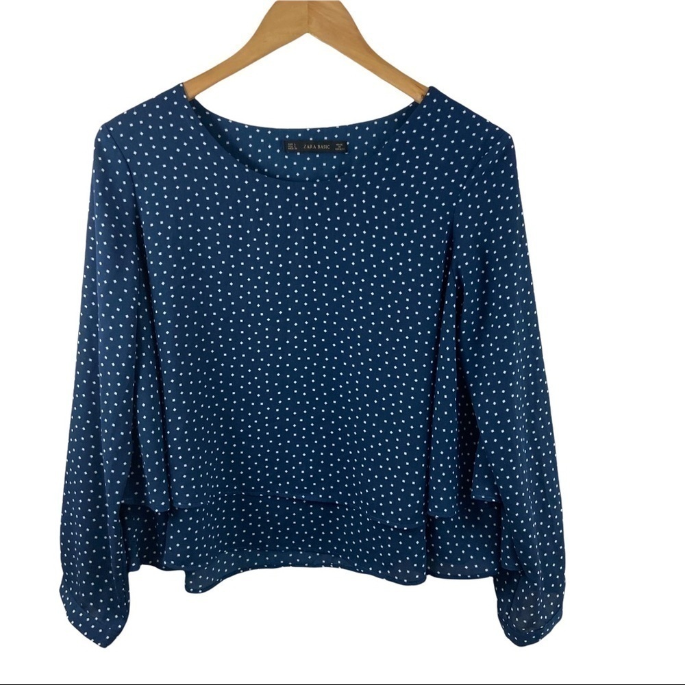 Zara Basic Dark Blue White Dot Print Tiered Popover Blouse Womens Sz L